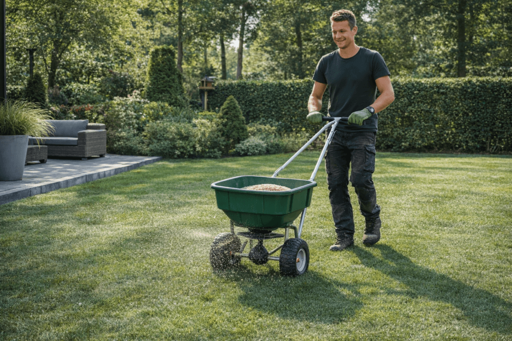 Met strooiwagen een gazon bemesten