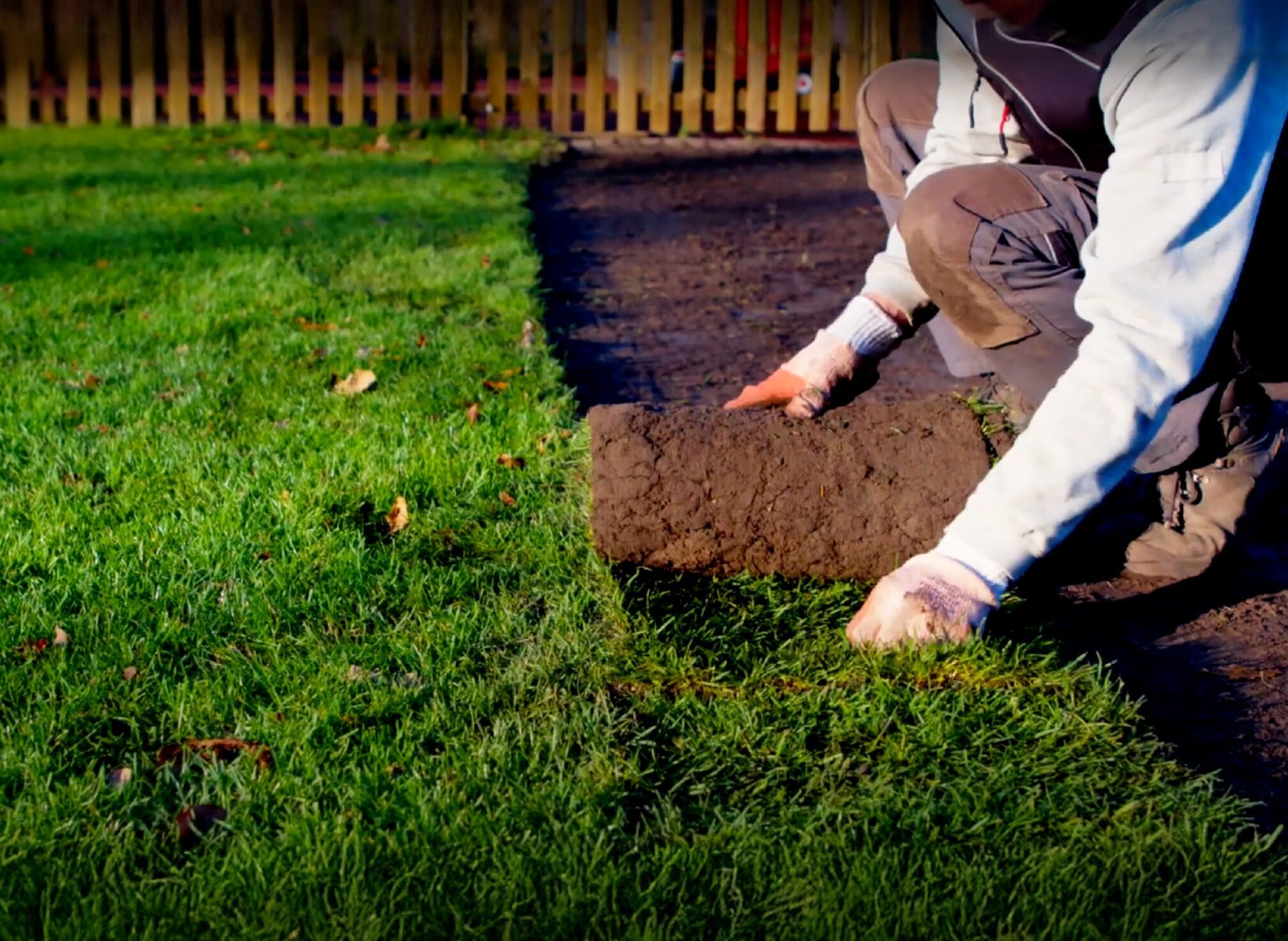 Professionele tuinman legt verse graszode op voorbereide grond in Belgiëse achtertuin