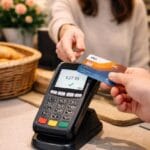 Klant betaalt contactloos met ING-bankpas bij een pinterminal in een winkel