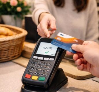 Klant betaalt contactloos met ING-bankpas bij een pinterminal in een winkel